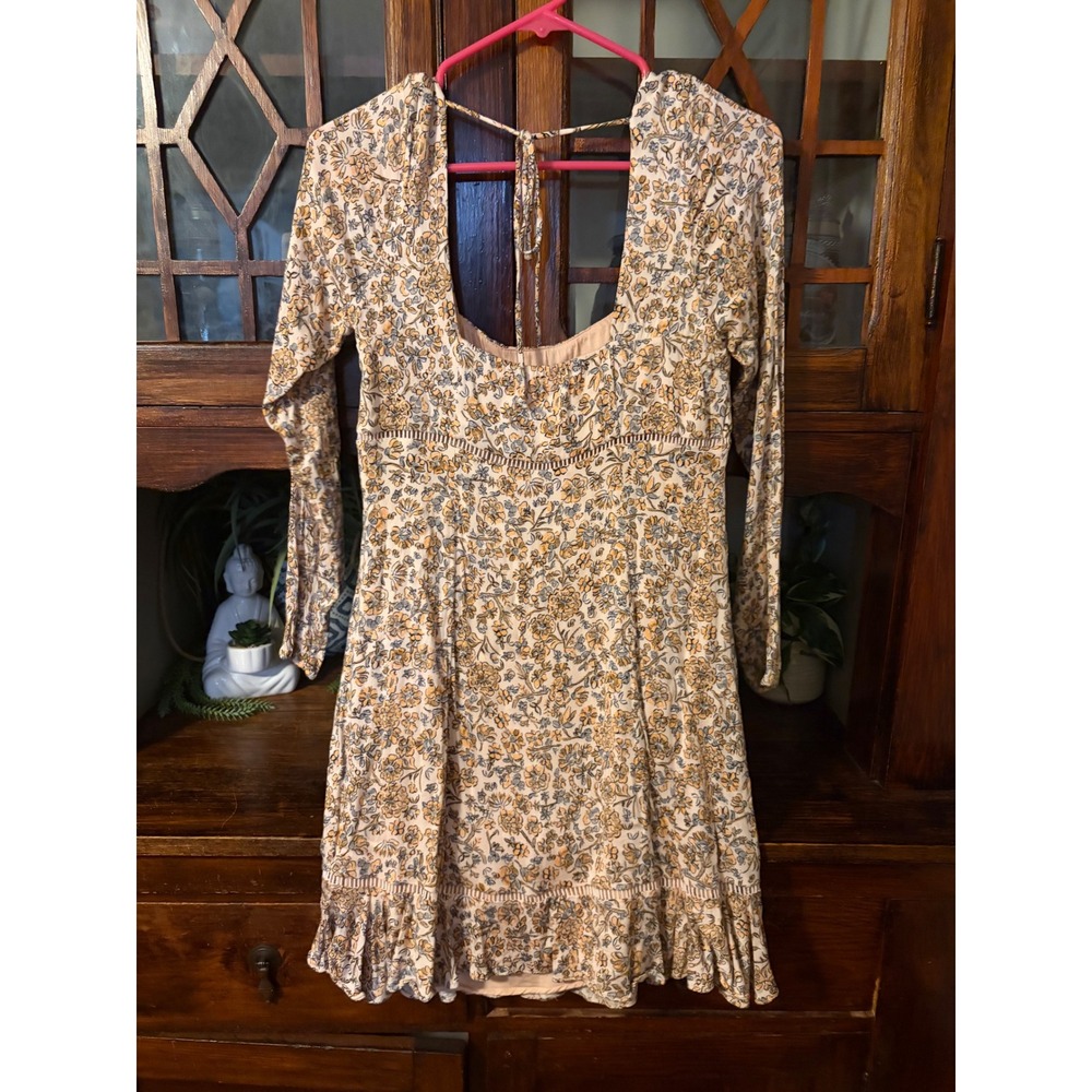 Free People Women Floral Mini Dress Long Sleeve Square Neck Open Back Size 10‎ - Picture 3 of 6